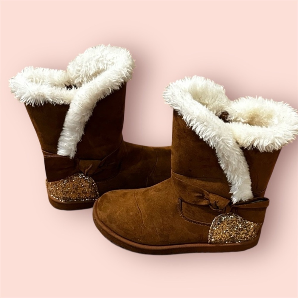 Girls Magellan brown faux suede whitefur Sz 2Y sherpa boots sequin sparkle